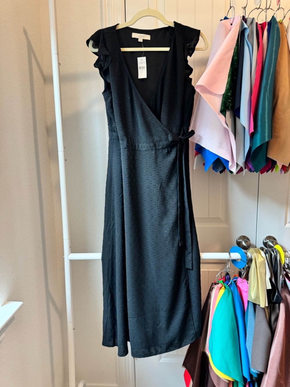 LOFT Black Midi Wrap Dress with Ruffle Cap Sleeves